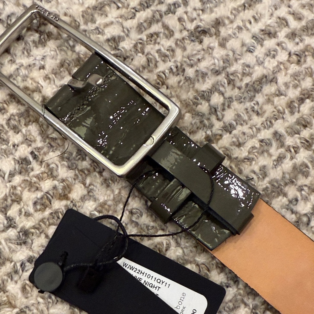 rag & bone Glossy Olive Patent Leather Belt with Silver Buckle - Picture 4 of 8